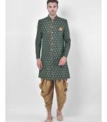 Dupion Silk Printed Deep Green Color Sherwani with Patiala set