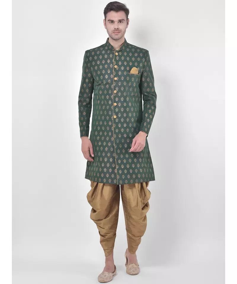 Dupion Silk Printed Deep Green Color Sherwani with Patiala set