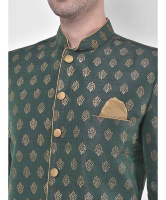 Dupion Silk Printed Deep Green Color Sherwani with Patiala set 5