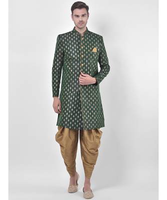 Dupion Silk Printed Deep Green Color Sherwani with Patiala set 1