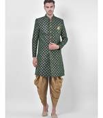 Dupion Silk Printed Deep Green Color Sherwani with Patiala set