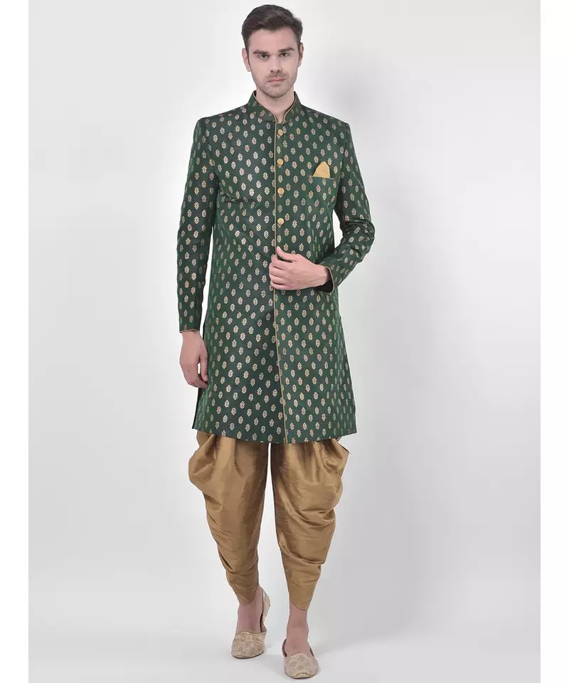 Dupion Silk Printed Deep Green Color Sherwani with Patiala set