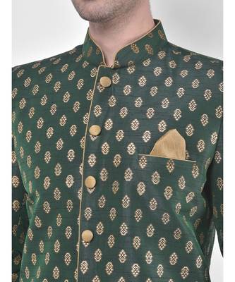 Dupion Silk Printed Deep Green Color Sherwani with Patiala set 5