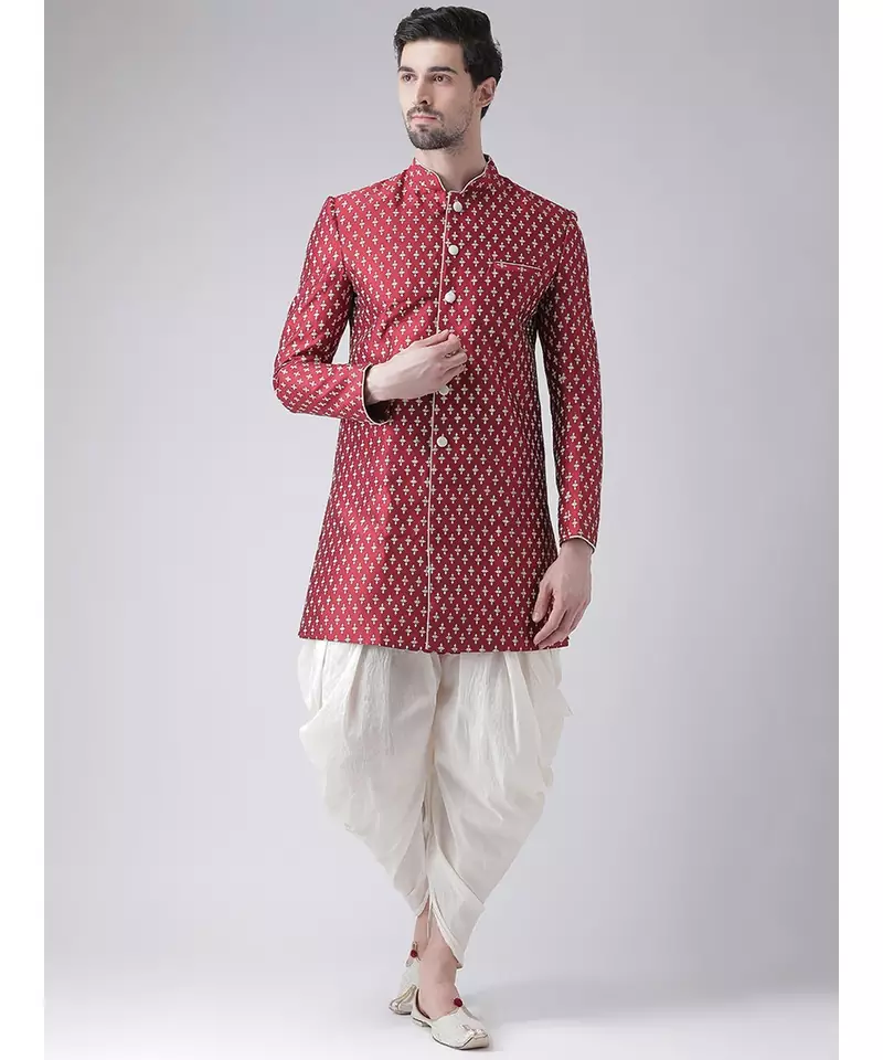 Dupion Silk Printed Red Color Sherwani with Patiala set