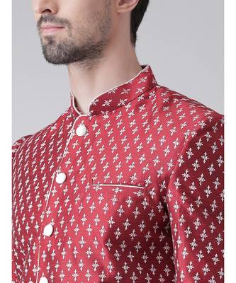 Dupion Silk Printed Red Color Sherwani with Patiala set 4