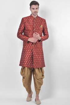 Dupion Silk Printed Red Color Sherwani with Patiala set