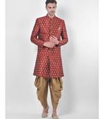 Dupion Silk Printed Red Color Sherwani with Patiala set