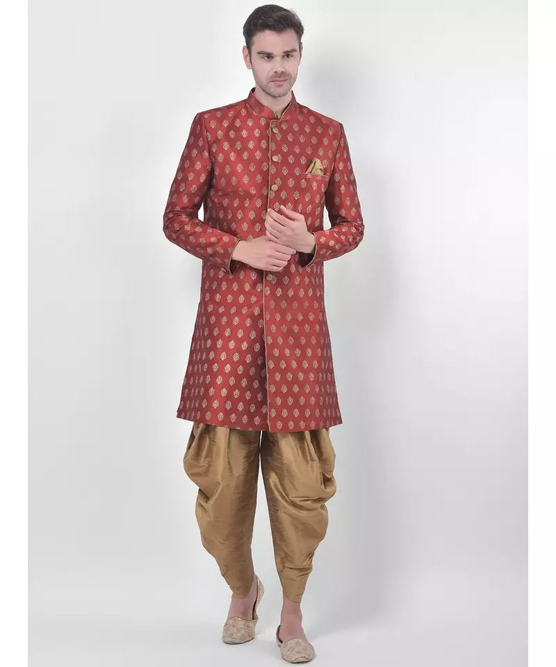 Dupion Silk Printed Red Color Sherwani with Patiala set