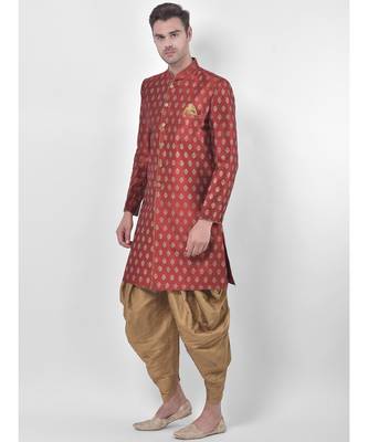 Dupion Silk Printed Red Color Sherwani with Patiala set 2