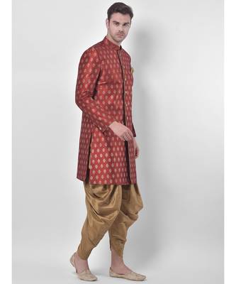 Dupion Silk Printed Red Color Sherwani with Patiala set 3