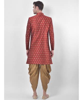 Dupion Silk Printed Red Color Sherwani with Patiala set 4