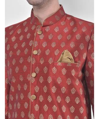 Dupion Silk Printed Red Color Sherwani with Patiala set 5