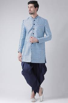 Dupion Silk Printed Sky Blue Color Sherwani with Patiala set