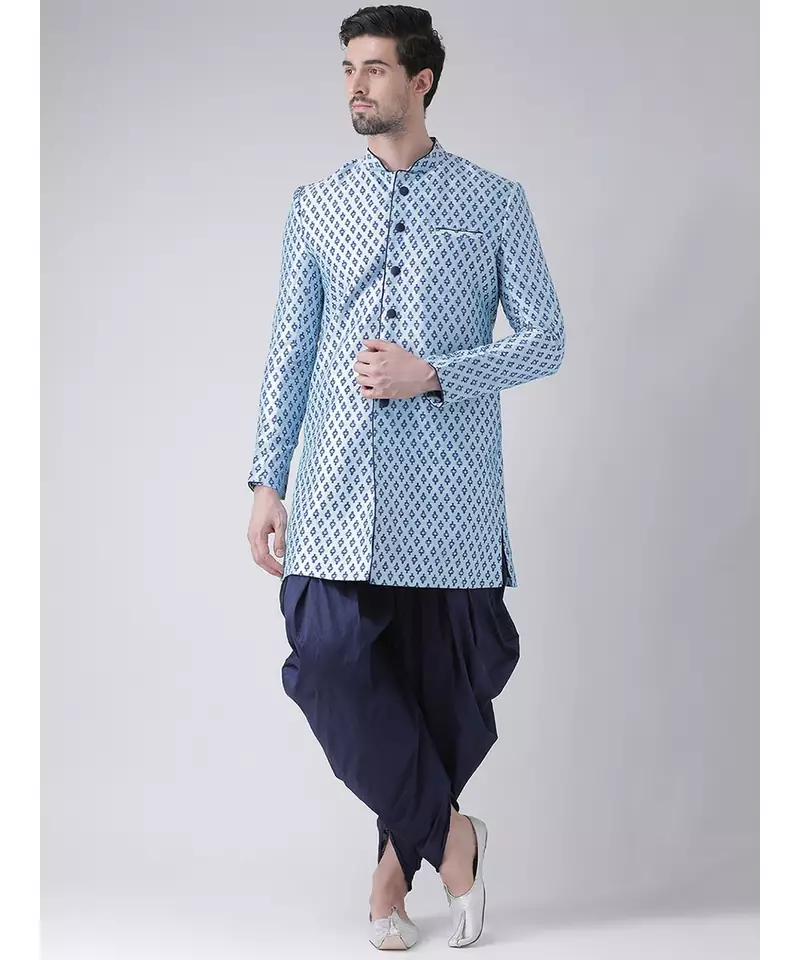 Dupion Silk Printed Sky Blue Color Sherwani with Patiala set