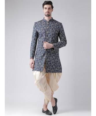 Dupion Silk Printed Navy Blue Color Sherwani with Patiala set 1