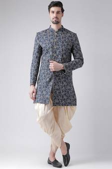 Dupion Silk Printed Navy Blue Color Sherwani with Patiala set