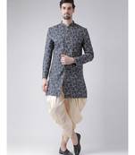 Dupion Silk Printed Navy Blue Color Sherwani with Patiala set