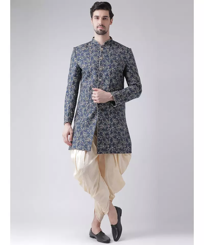 Dupion Silk Printed Navy Blue Color Sherwani with Patiala set
