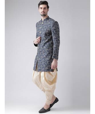 Dupion Silk Printed Navy Blue Color Sherwani with Patiala set 2