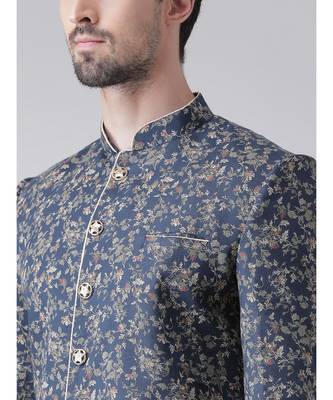 Dupion Silk Printed Navy Blue Color Sherwani with Patiala set 4