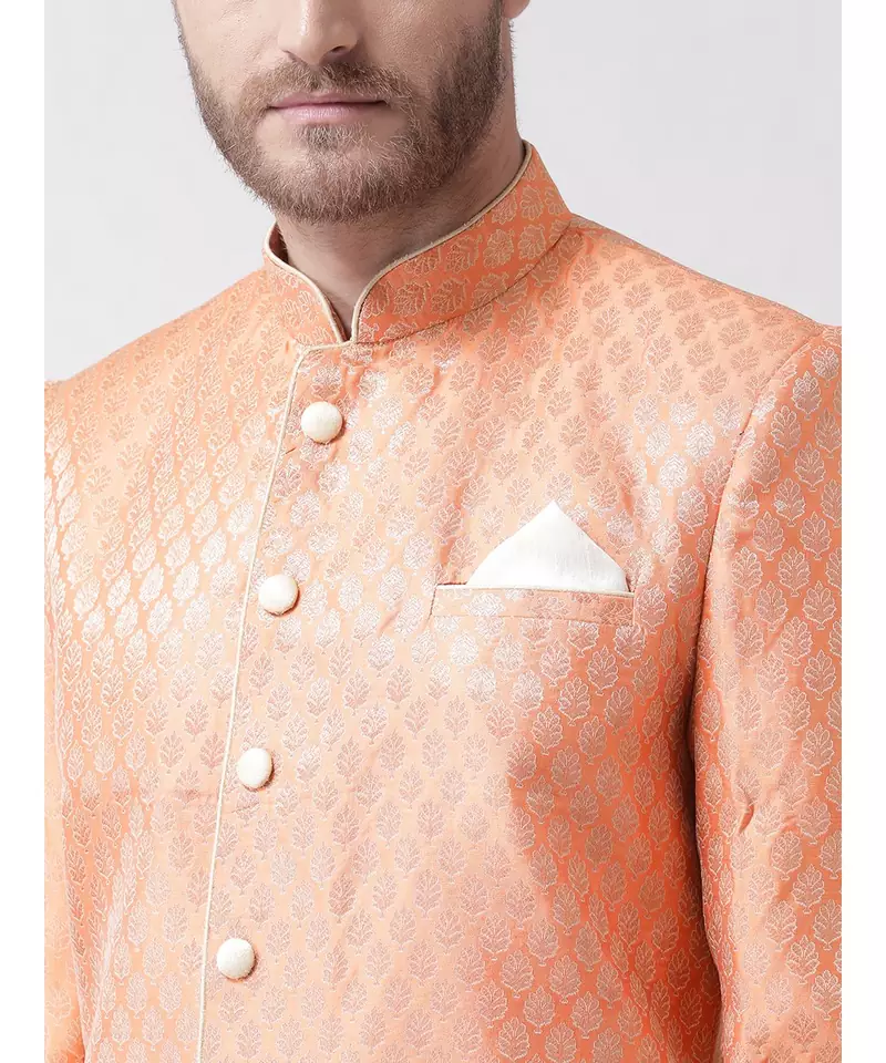 Jacquard Silk Orange Color Sherwani with Patiala set