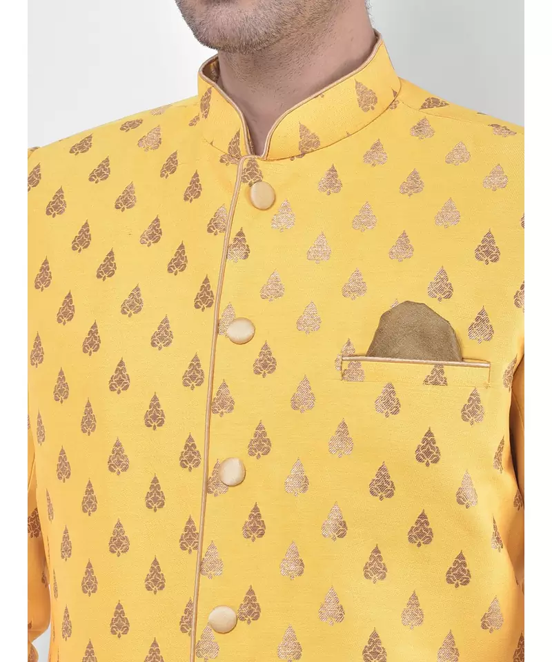 Jacquard Silk Yellow Color Sherwani with Patiala set
