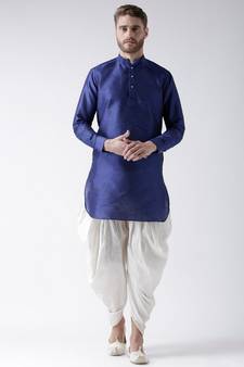 Dupion Silk Solid Off White Color Pathani Kurta with Patiala set for Men