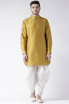 Dupion Silk Solid Off White Color Pathani Kurta with Patiala set for Men