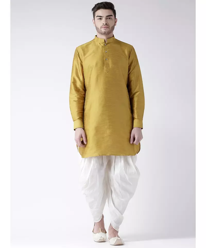 Dupion Silk Solid Off White Color Pathani Kurta with Patiala set for Men