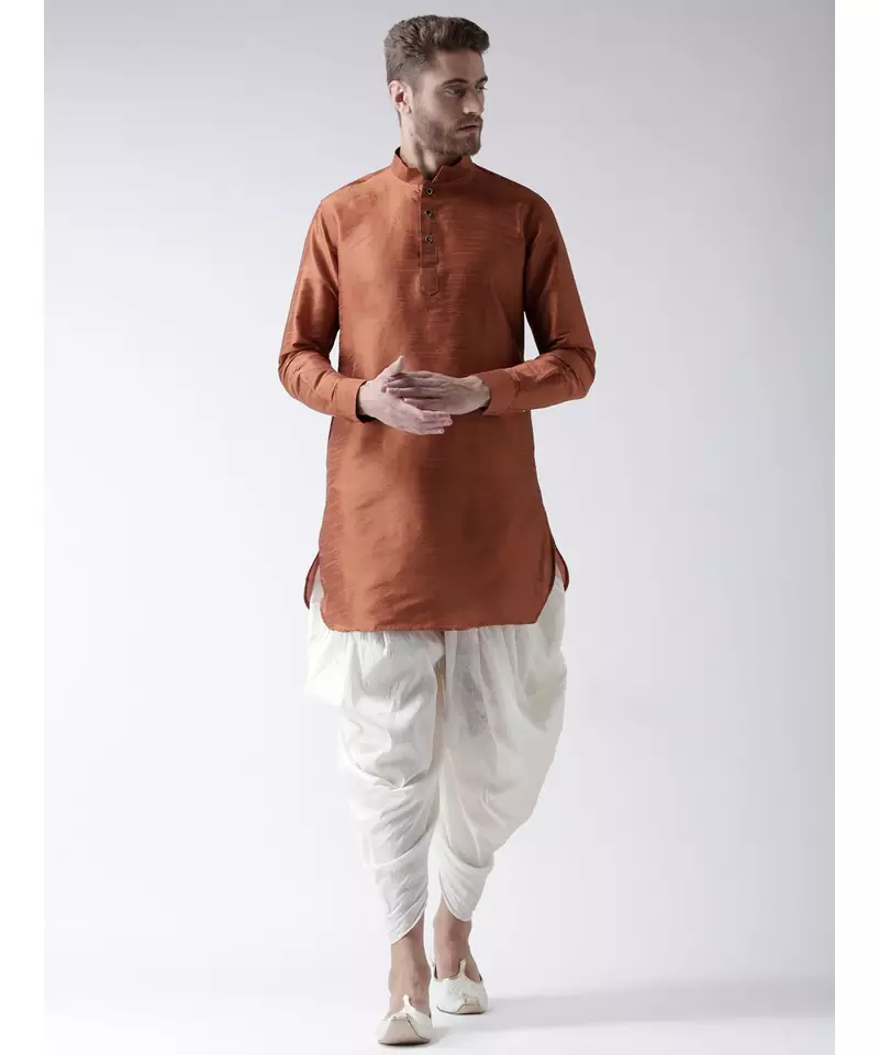 Dupion Silk Solid Off White Color Pathani Kurta with Patiala set for Men