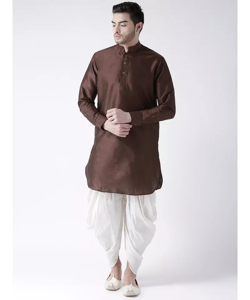 Dupion Silk Solid Off White Color Pathani Kurta with Patiala set for Men