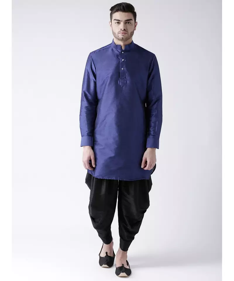 Dupion Silk Solid Black Color Pathani Kurta with Patiala set for Men