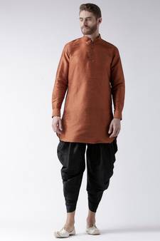 Dupion Silk Solid Black Color Pathani Kurta with Patiala set for Men