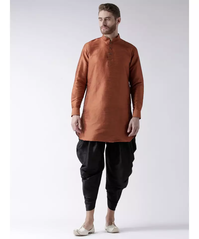 Dupion Silk Solid Black Color Pathani Kurta with Patiala set for Men