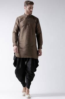 Dupion Silk Solid Black Color Pathani Kurta with Patiala set for Men