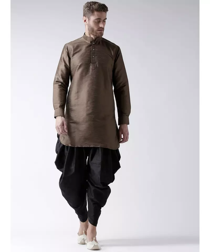Dupion Silk Solid Black Color Pathani Kurta with Patiala set for Men