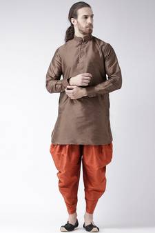 Dupion Silk Solid Orange Color Pathani Kurta with Patiala set for Men