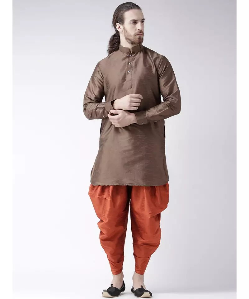 Dupion Silk Solid Orange Color Pathani Kurta with Patiala set for Men