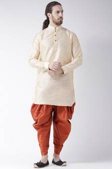 Dupion Silk Solid Orange Color Pathani Kurta with Patiala set for Men