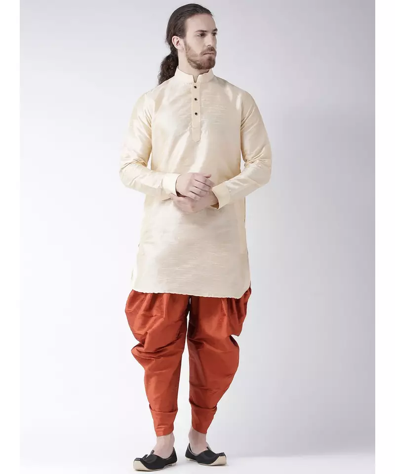 Dupion Silk Solid Orange Color Pathani Kurta with Patiala set for Men