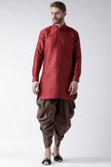 Dupion Silk Solid Brown Color Pathani Kurta with Patiala set for Men