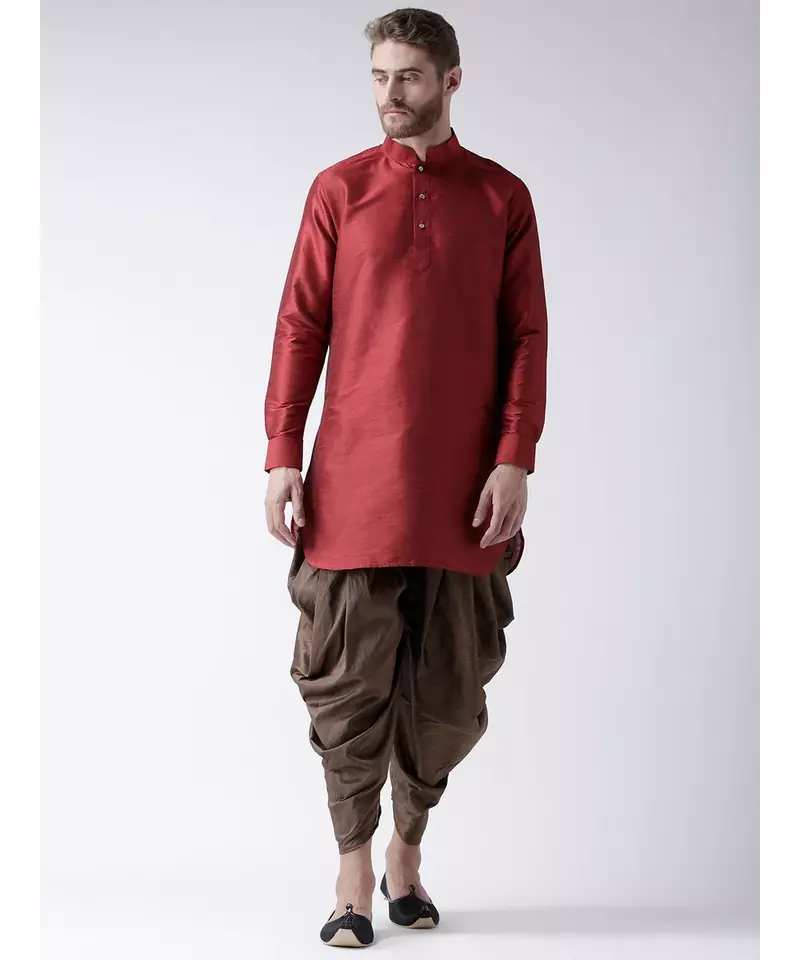 Dupion Silk Solid Brown Color Pathani Kurta with Patiala set for Men