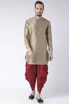 Dupion Silk Solid Red Color Pathani Kurta with Patiala set for Men