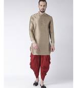 Dupion Silk Solid Red Color Pathani Kurta with Patiala set for Men