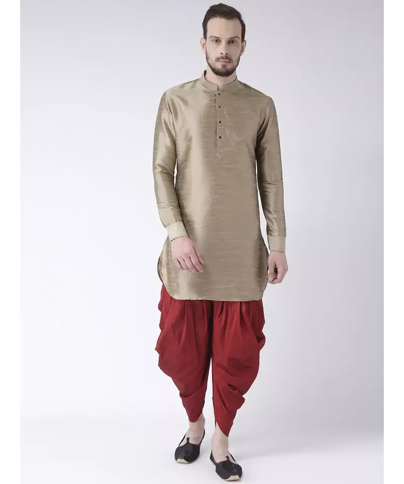 Dupion Silk Solid Red Color Pathani Kurta with Patiala set for Men