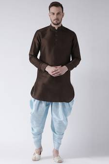 Dupion Silk Solid Sky Blue Color Pathani Kurta with Patiala set for Men