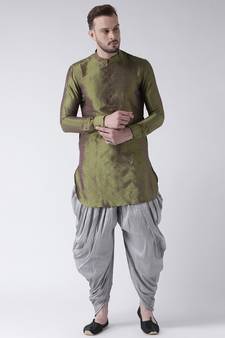 Dupion Silk Solid Silver Color Pathani Kurta with Patiala set for Men