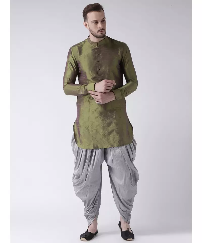 Dupion Silk Solid Silver Color Pathani Kurta with Patiala set for Men