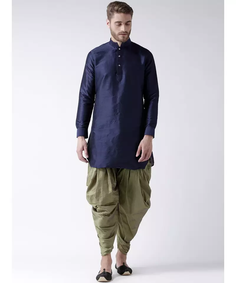 Dupion Silk Solid Green Color Pathani Kurta with Patiala set for Men