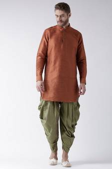 Dupion Silk Solid Green Color Pathani Kurta with Patiala set for Men